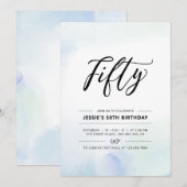 fünfzig | Blue Watercolor 50. Geburtstagsparty Einladung (Vorne/Hinten)
