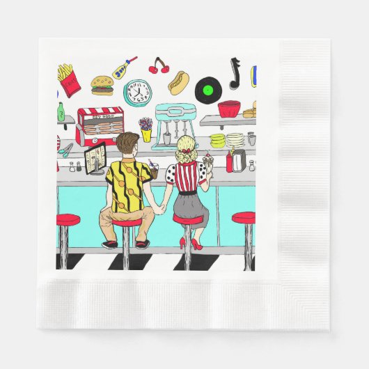 Fünfzig Diner Nostalgic Couple Holding Hands Napki Serviette (Vorderseite)