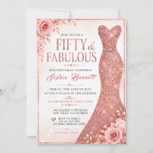 Fünfzig & Fabelhaft Glitzerkleid Elegant Blumen Einladung (Vorderseite)