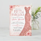 Fünfzig & Fabelhaft Glitzerkleid Elegant Blumen Einladung (Stehend Vorderseite)