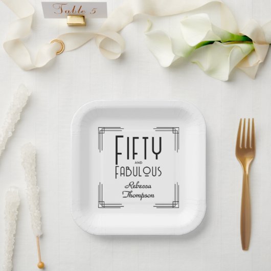 Fünfzig Fabelhaft Schwarz Weiß Art Deco 50. Geburt Pappteller (Hochzeit)