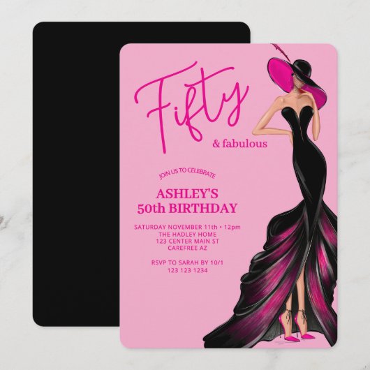 Fünfzig Fabelhafte Kleid Rosa 50. Geburtstag Einladung (Vorne/Hinten)
