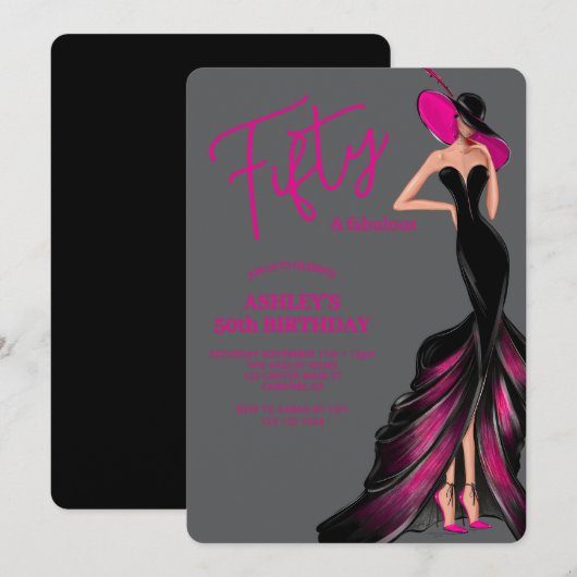 Fünfzig Fabelhafte Rosa Kleid Grau 50. Geburtstag Einladung (Vorne/Hinten)