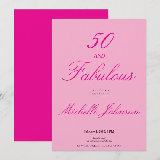 Fünfzig & Fantastisch Pink 50. Geburtstagsfeier Einladung (Vorne/Hinten)