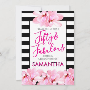 Fünfzig & Fantastisch Rosa Floral Schwarz Streifen Einladung