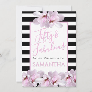 Fünfzig & Fantastisch Rosa Floral Schwarz Streifen Einladung