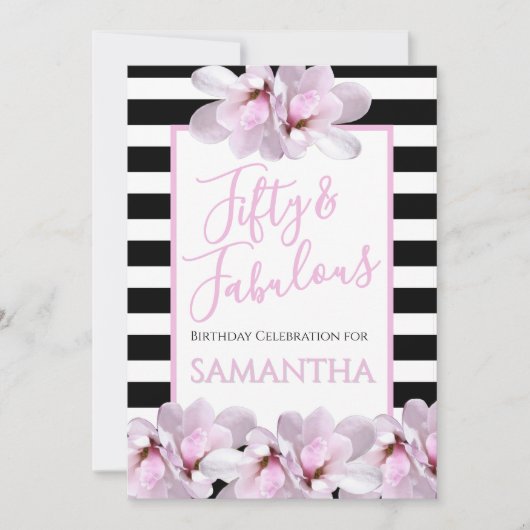 Fünfzig & Fantastisch Rosa Floral Schwarz Streifen Einladung (Vorderseite)