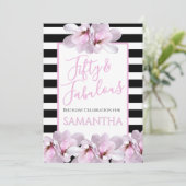 Fünfzig & Fantastisch Rosa Floral Schwarz Streifen Einladung (Stehend Vorderseite)