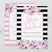 Fünfzig & Fantastisch Rosa Floral Schwarz Streifen Einladung (Vorne/Hinten)