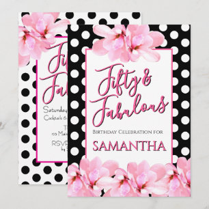 Fünfzig & Fantastisch Rosa Floral Schwarzer Geburt Einladung