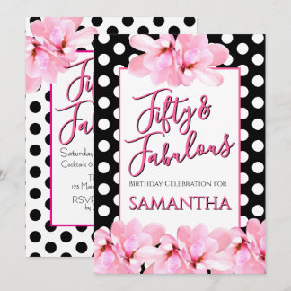 Fünfzig & Fantastisch Rosa Floral Schwarzer Geburt Einladung