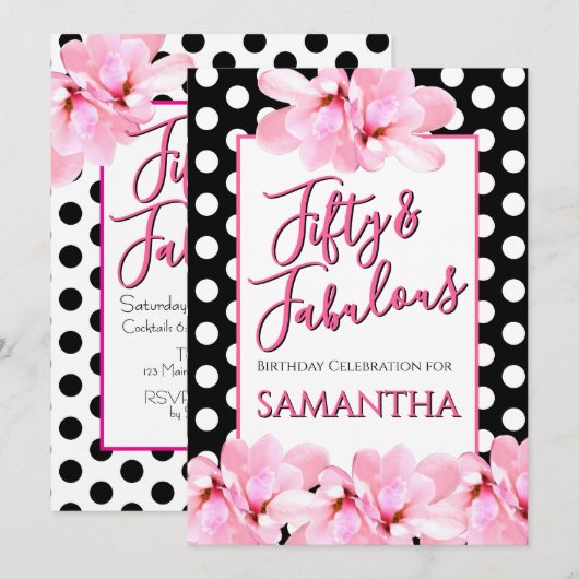Fünfzig & Fantastisch Rosa Floral Schwarzer Geburt Einladung (Vorne/Hinten)