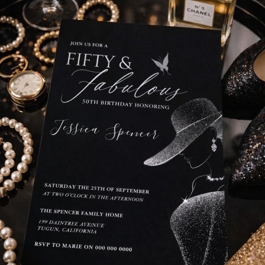Fünfzig & Fantastisch Schwarzer Glam 50. Geburtsta Einladung
