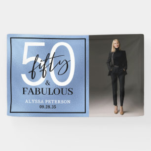 Fünfzig & Fantastisch Staubblau Skript Foto Geburt Banner