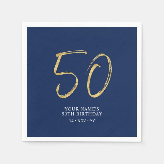 fünfzig | Gold & Navy Blue Lettering 50. Geburtsta Serviette (Vorderseite)