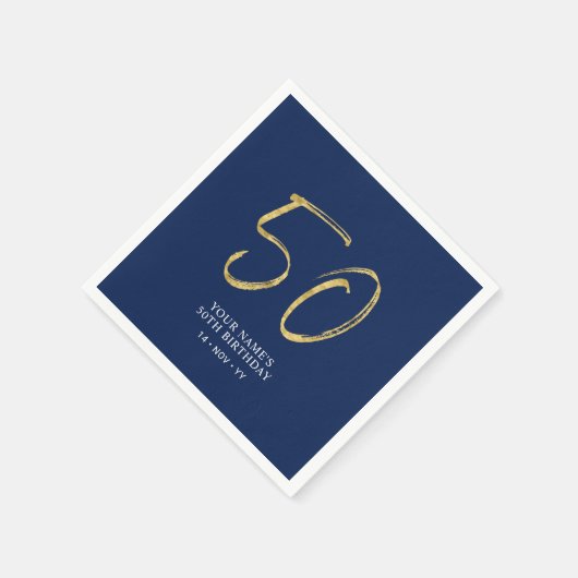fünfzig | Gold & Navy Blue Lettering 50. Geburtsta Serviette (Ecke)