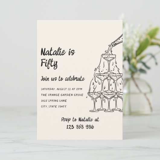 Fünfzig Illustrierter Champagner Tower 50. Geburts Einladung (Stehend Vorderseite)