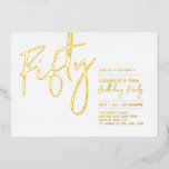 fünfzig | Modern Gold 50. Geburtstagsparty Foil In Folieneinladung<br><div class="desc">Feiern Sie Ihren besonderen Tag mit dieser stilvollen 50. Geburtstagsfoto-Einladung. Dieses Design hat einen schicken Goldfolientext "50" mit einem sauberen Layout. Sie können die Briefmarke der reellen Folie wählen (Gold,  Silber,  Rose Gold). Weitere Designs und Party-Zubehör sind in meinem Shop BaraBomDesign erhältlich.</div>