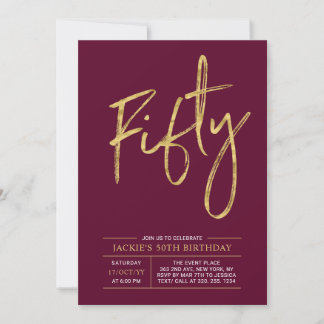 fünfzig | Modern Gold & Burgund 50. Geburtstagspar Einladung