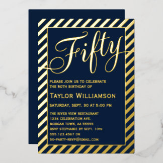 Fünfzig Navy Blau Goldfolie 50. Eleganter Geburtst Folieneinladung
