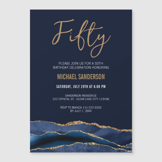 fünfzig | Navy Blue Gold Agate Men's 50. Geburtsta Magneteinladung (Vorderseite)