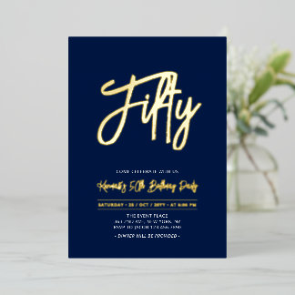 Fünfzig | Navy Chic Script 50. Geburtstagsfeier Folieneinladung