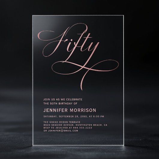 Fünfzig Rose Gold Script Black 50. Geburtstag Acryleinladungen