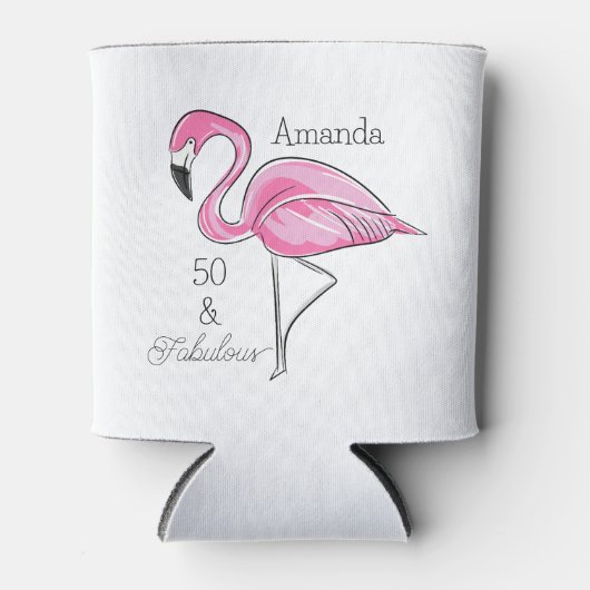 Fünfzig und fabelhaft rosa Flamingo Custom Dosenkühler (Vorderseite)