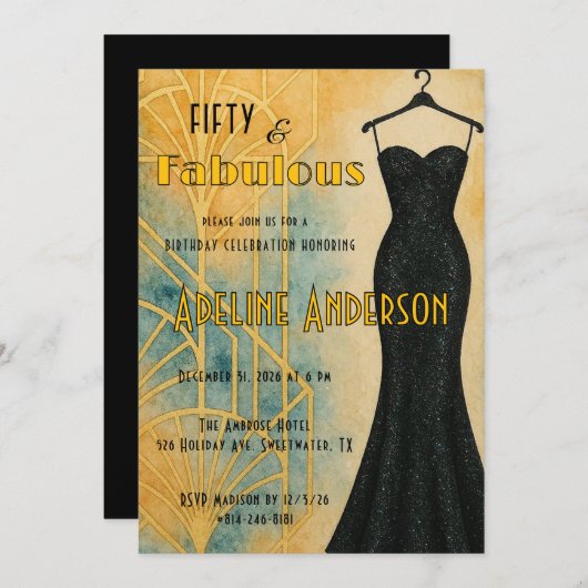 Fünfzig und Fabelhaft Schwarz Gold Art Deco 50. Ge Einladung (Vorne/Hinten)