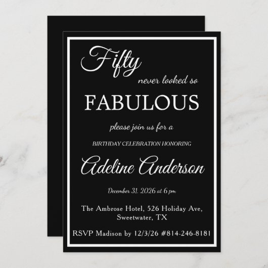 Fünfzig und Fabelhafte Frau Schwarz Weiß 50. Gebur Einladung (Vorne/Hinten)