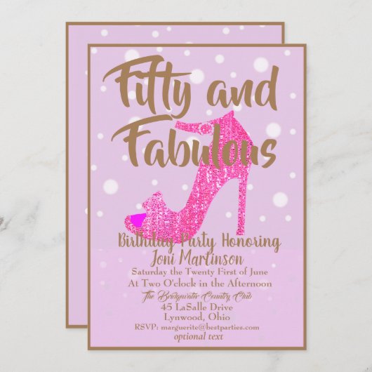 Fünfzig und fabelhafte GirlySparkly Hot Pink Gold Einladung (Vorne/Hinten)