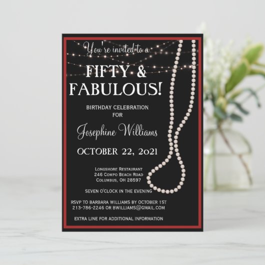 Fünfzig und fabelhafte Rot-Schwarz-Party Einladung (Stehend Vorderseite)