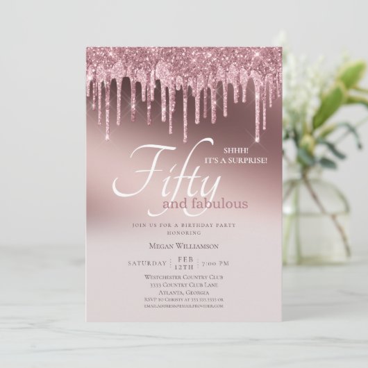 Fünfzig und fabelhafte Überraschung Rosa Glitzer G Einladung (Stehend Vorderseite)