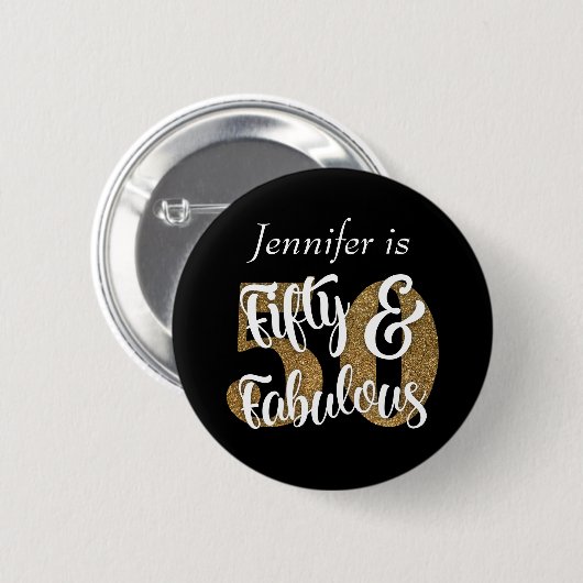 Fünfzig und fabelhafter GoldGlitzer-Geburtstag Button (Vorne & Hinten)