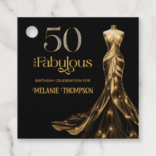 Fünfzig und Fantastisch Goldenes Kleid Schwarz 50. Geschenkanhänger (Vorderseite)