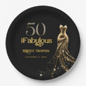 Fünfzig und Fantastisch Goldenes Kleid Schwarz 50. Pappteller (Vorderseite)