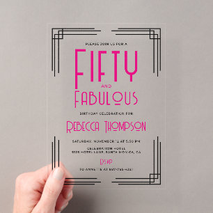 Fünfzig und Fantastisch Hot Pink Art Deco 50. Gebu Acryleinladungen