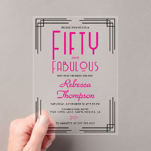 Fünfzig und Fantastisch Hot Pink Art Deco 50. Gebu Acryleinladungen