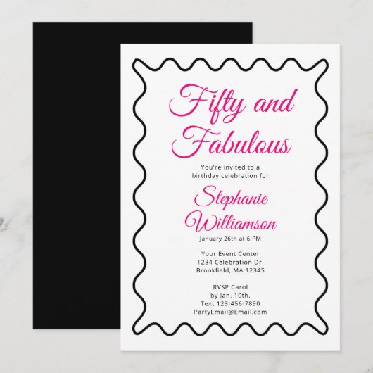 Fünfzig und Fantastisch Pink und Schwarzes Skript Einladung (Vorne/Hinten)