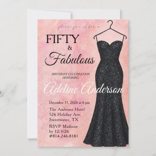 Fünfzig und Fantastisch Rosa Aquarell Schwarzer Gl Einladung (Vorderseite)
