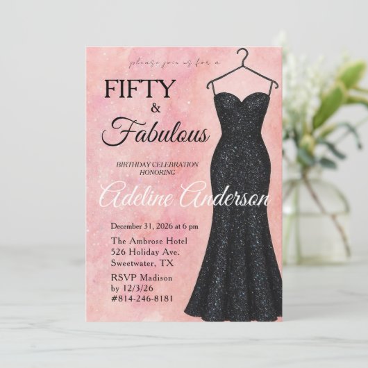Fünfzig und Fantastisch Rosa Aquarell Schwarzer Gl Einladung (Stehend Vorderseite)
