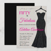 Fünfzig und fantastisch Schwarzes Rosa Silber Glit Einladung (Vorne/Hinten)