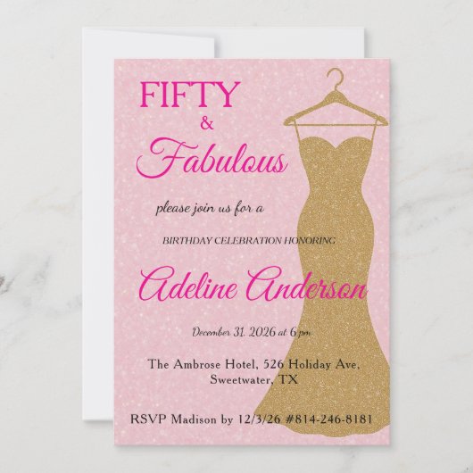 Fünfzig und Fantastisch Skript Pink Gold 50. Gebur Einladung (Vorderseite)