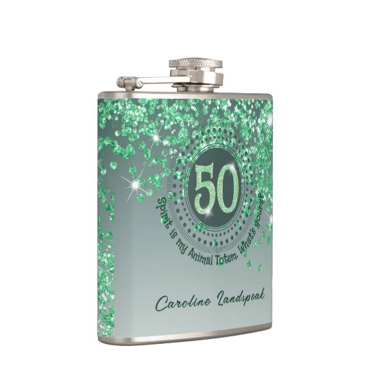 Fünfzig- und grüne Glitzer- und Trinkquote Flachmann (Rechts)