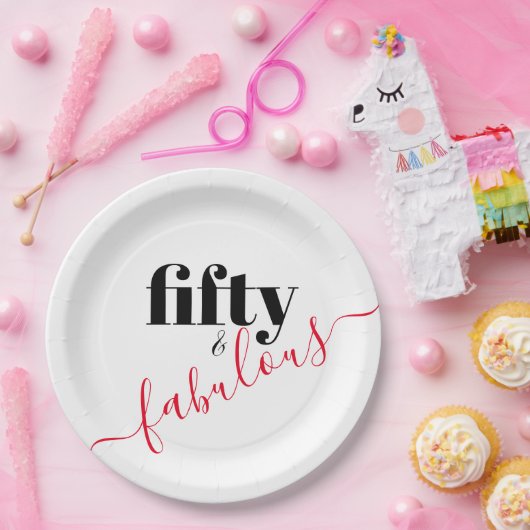 Fünfzig und üppige schwarze und rote Schrift Pappteller (Party)