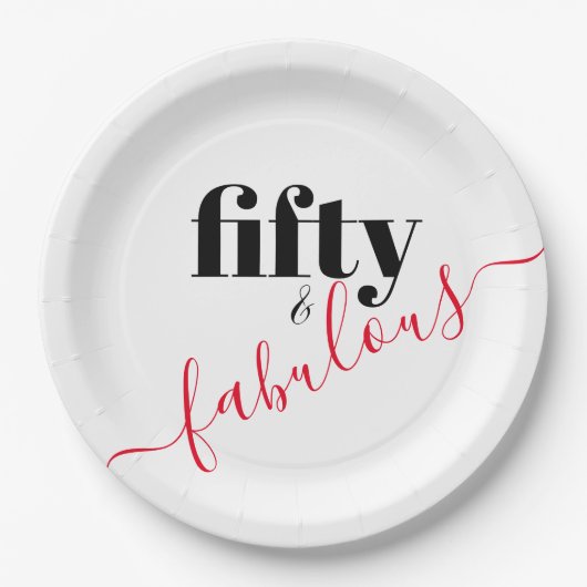 Fünfzig und üppige schwarze und rote Schrift Pappteller (Vorderseite)