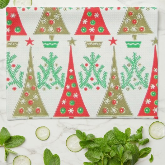 Fünfzigerjahre Cartoon-Weihnachtsbaum-Küchen-Tuch Handtuch (Gefaltet)