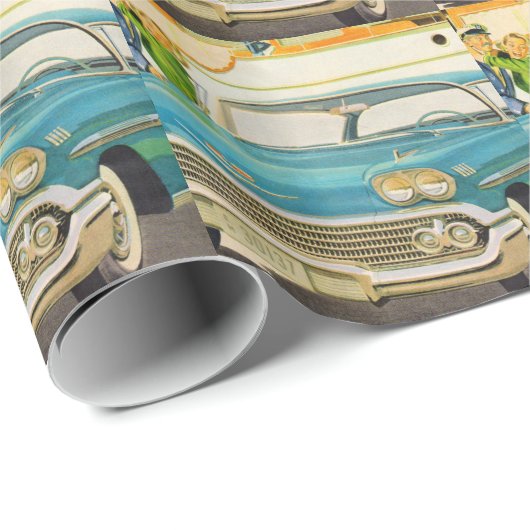 Fünfzigerjahre Chevy Impalablau mit Flossen Geschenkpapier (Rolleneckpunkt)