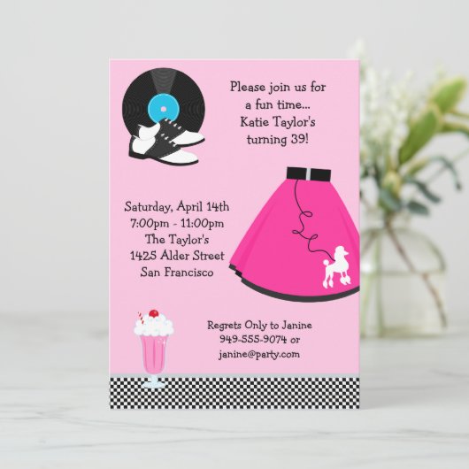 Fünfzigerjahre Party Einladung (Stehend Vorderseite)