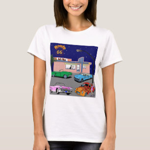 Fünfzigerjahre Restaurant-Weg 66 und Vintage Auto T-Shirt